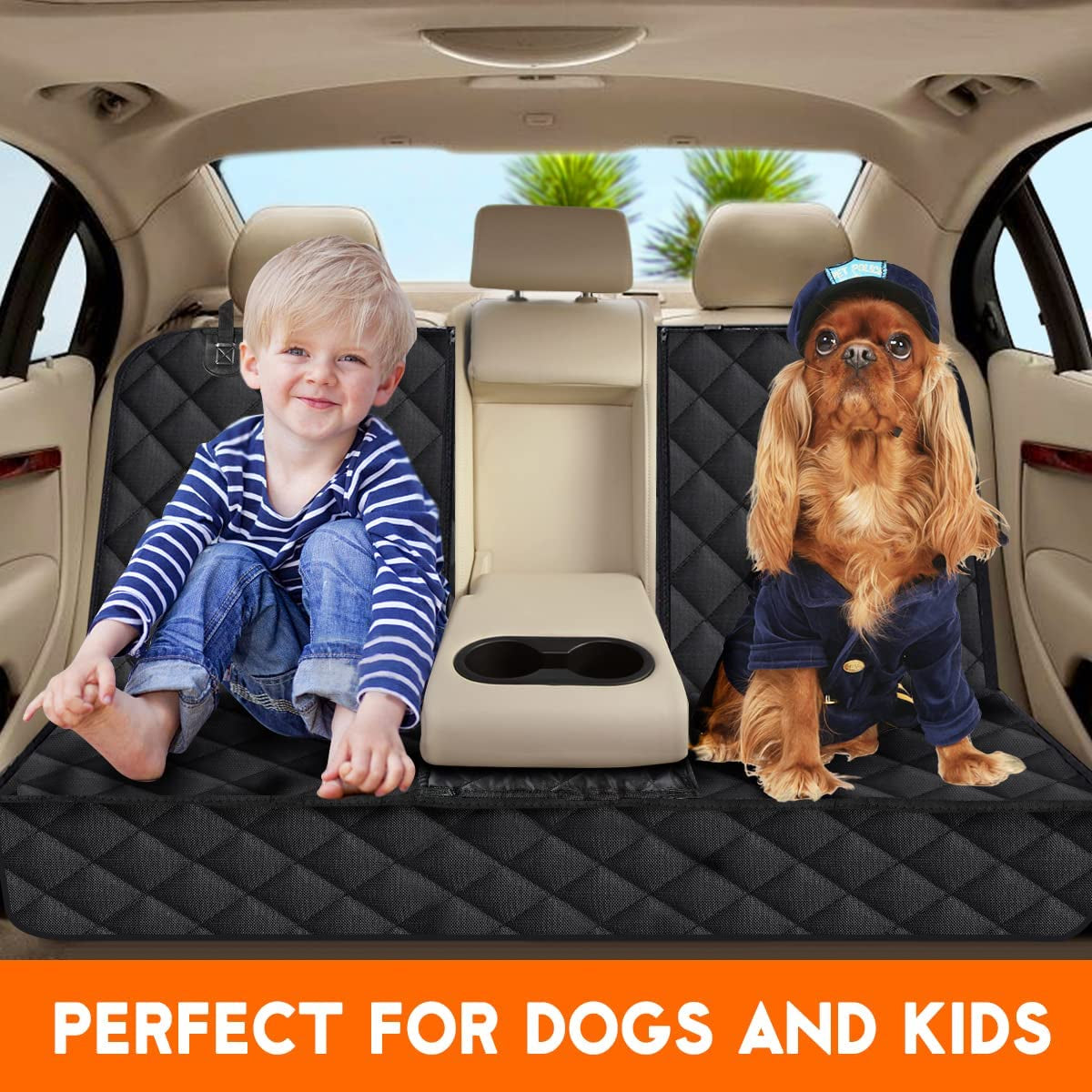 Waterproof Dog Car Seat Cover for Back Seat, Non Slip Pet Seat Protector Fits Cars Trucks SUVs with Middle Armrest Access, Black